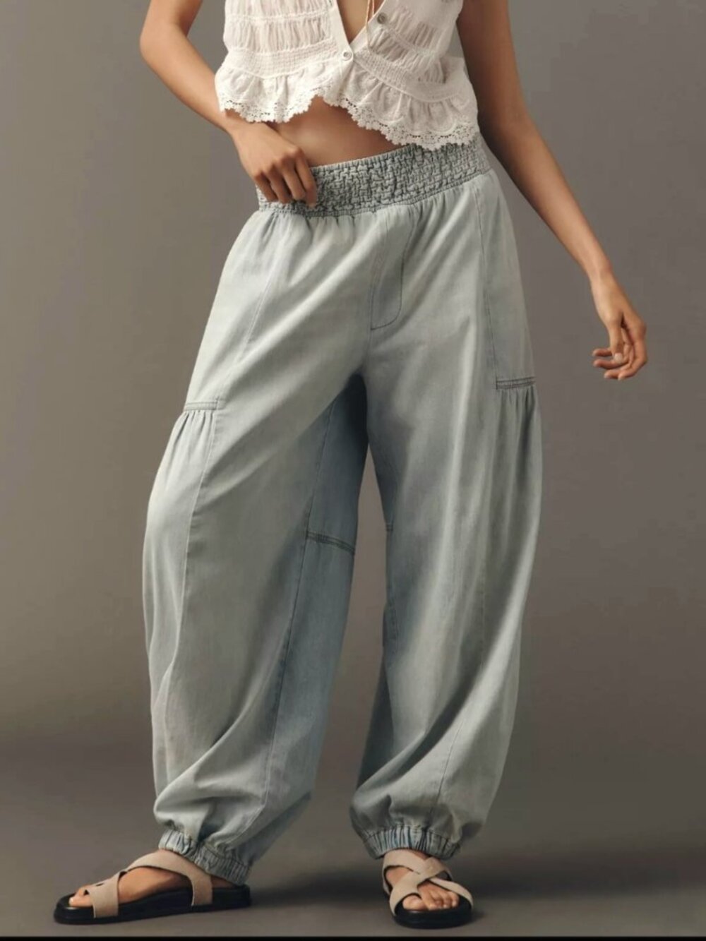 Anthropologie Light Wash Smocked Waist Wide-Leg Jeans